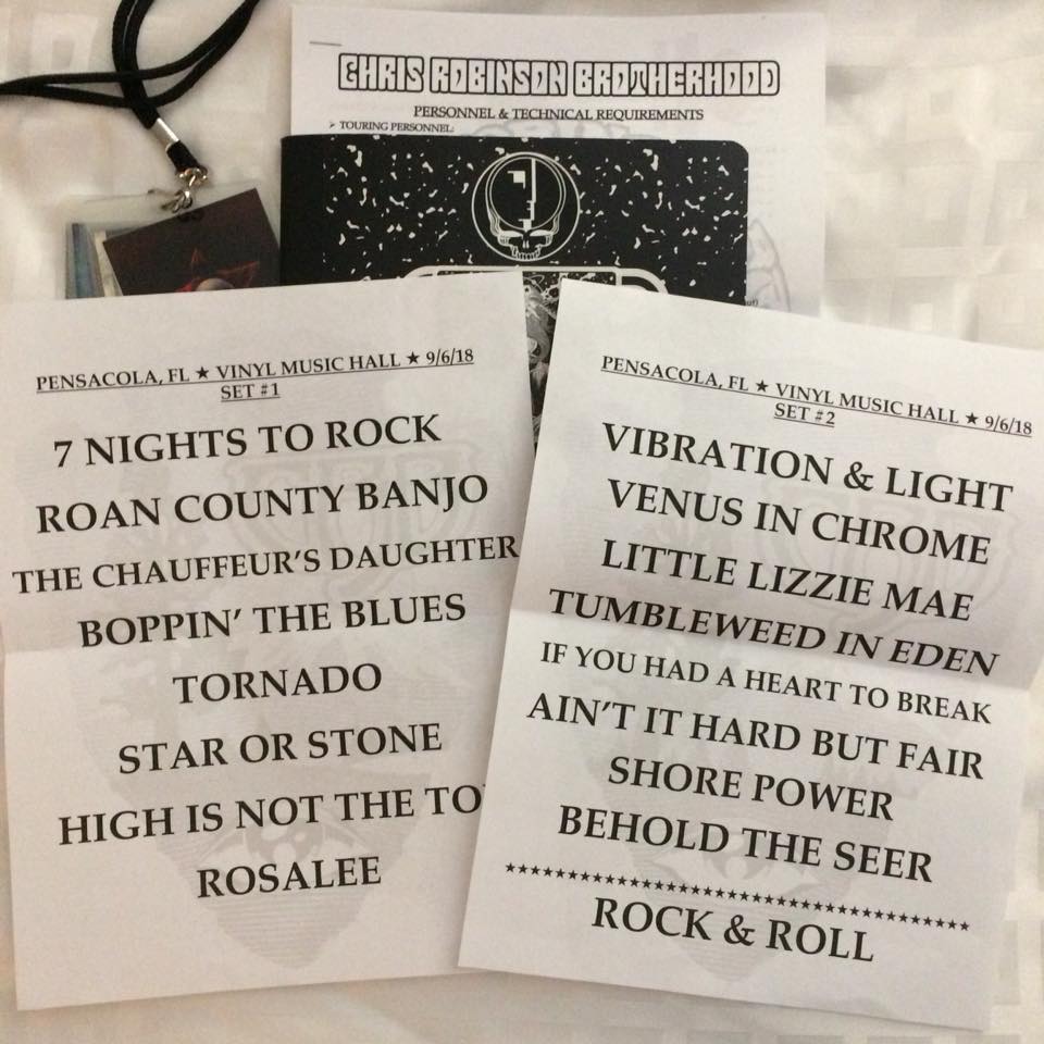 Chris Robinson Brotherhood Pensacola Setlist Picture and Pass